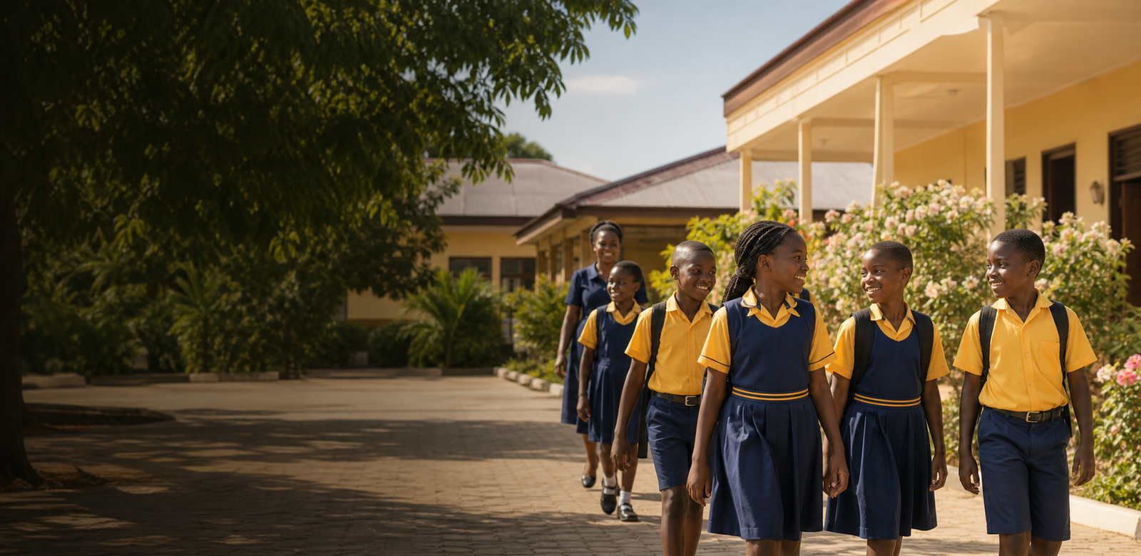 Pupils arriving at a welcoming school campus